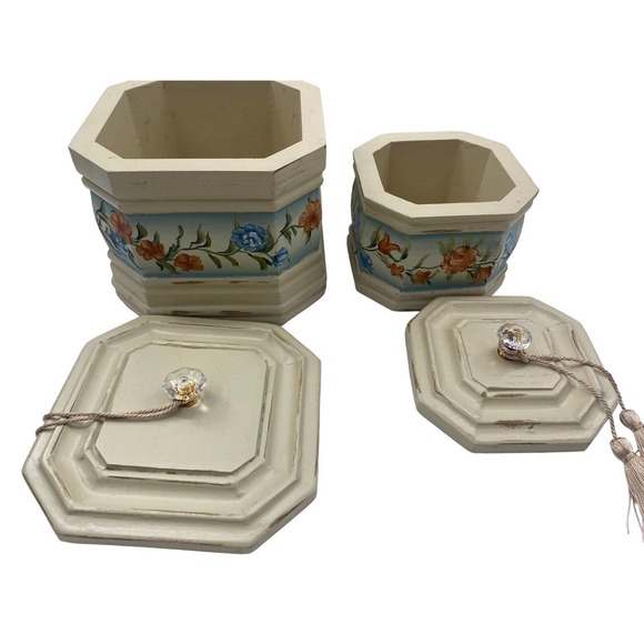 Vintage Hexagon Nesting Wood Jewelry Urn Boxes Floral Shabby Chic Crystal Handle - Picture 4 of 12